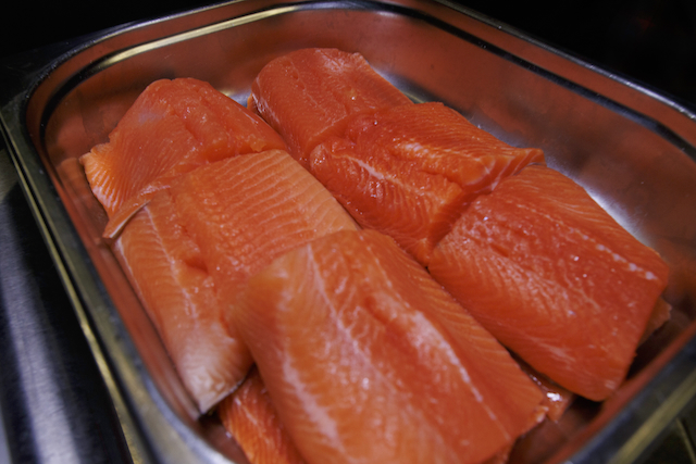 In einer Edelstahlschale liegen mehrere Stücke Lachsfilet. Das rohe, orangefarbene Fleisch der Fischstücke ist gut zu erkennen und die Stücke sind dicht an dicht in der Schale platziert.